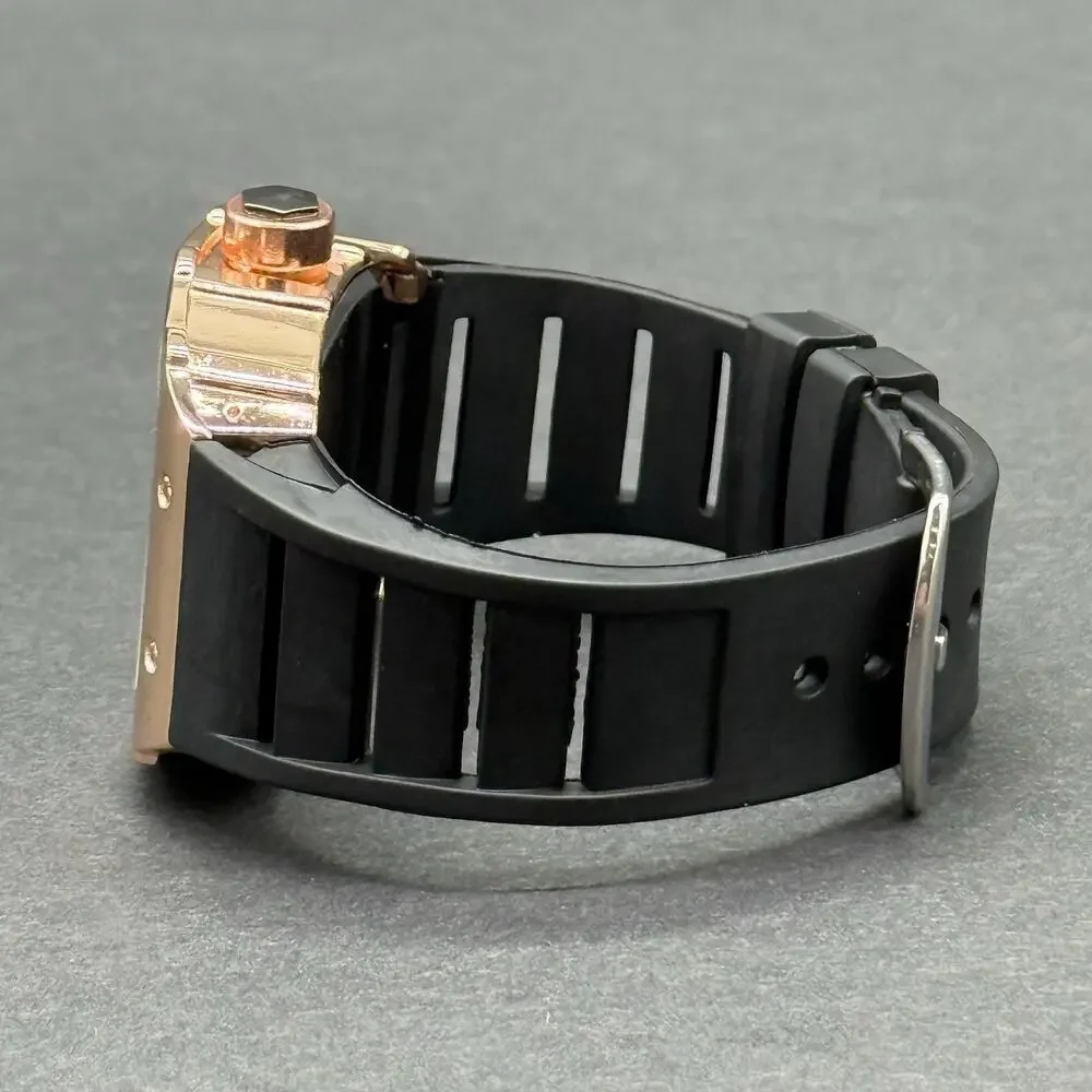 Rose Gold Tone Tonneau Men's Watch Heavy Face Black Silicone Rubber Sport Band